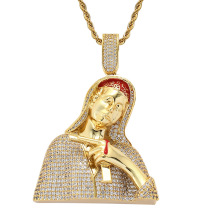 benutzerdefinierte Diamantschmuck Halskette Einkäufer, Männer Frauen Hip Hop Kupferfassung Zirkon Gold Jungfrau Maria Halskette Anhänger